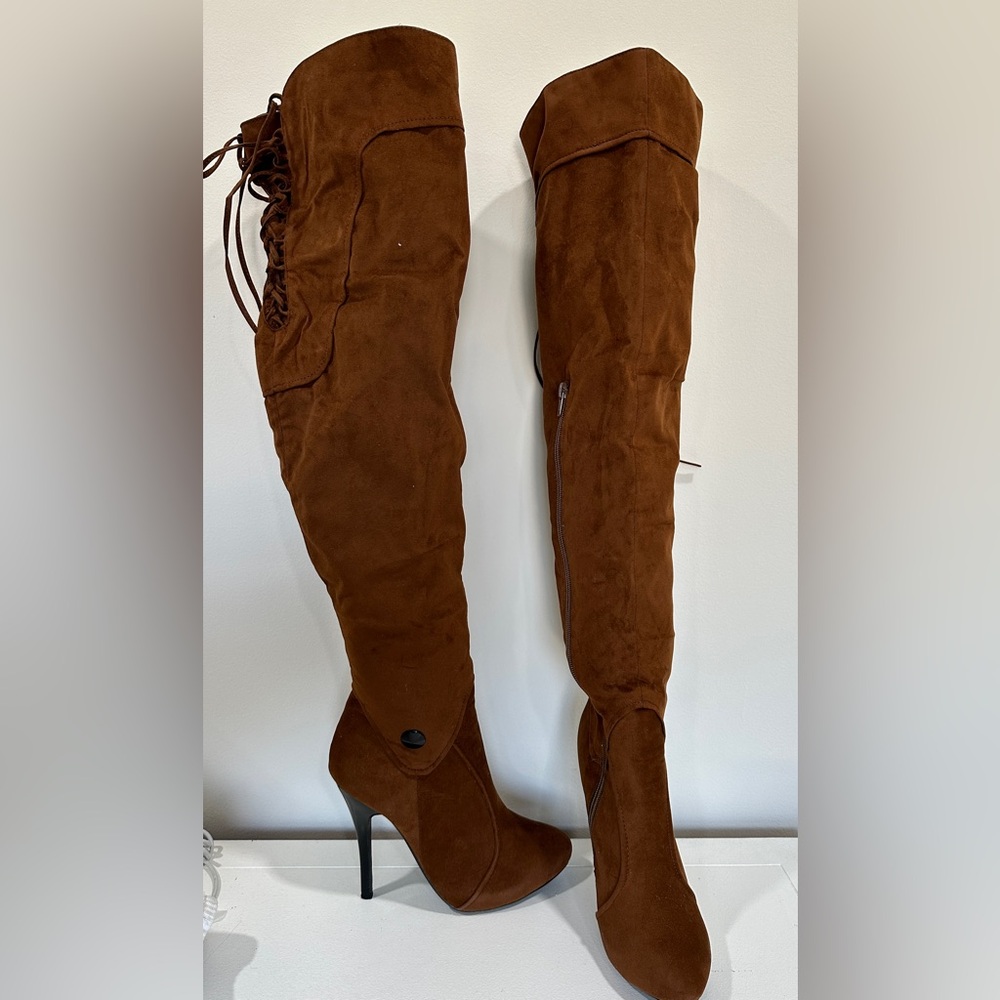 Fredericks of Hollywood thigh high suede boots. Suede ties